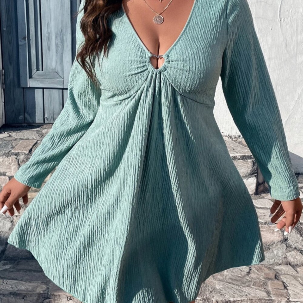 SHEIN Clasi Plus O-ring Detail Plunging Neck A-line Dress - Cadet Blue (1XL)